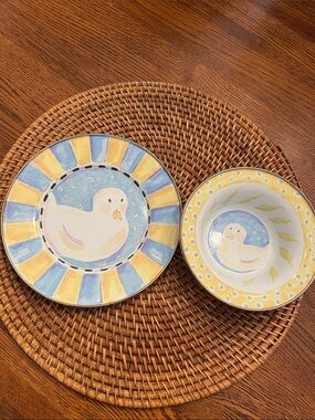 McKenzie Childs, enamel duck plate and bowl set